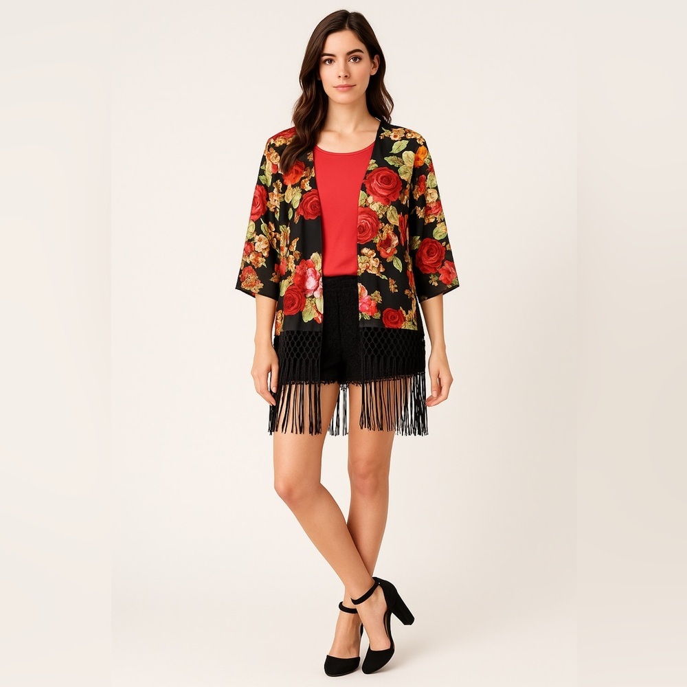 Quinn Floral Kimono Fringe Hem S Small Grandma Core